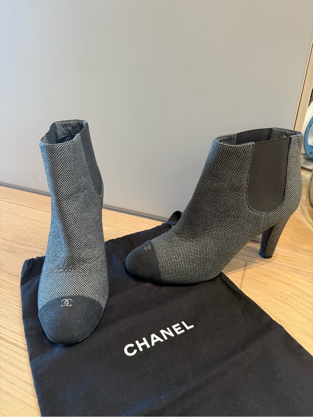 CHANEL Black and Gray Knit Ankle Booties